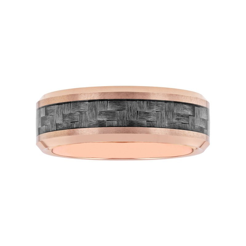 Men's Rose-Tone Tungsten Wedding Band with Carbon Fiber Inlay - Beveled Ring