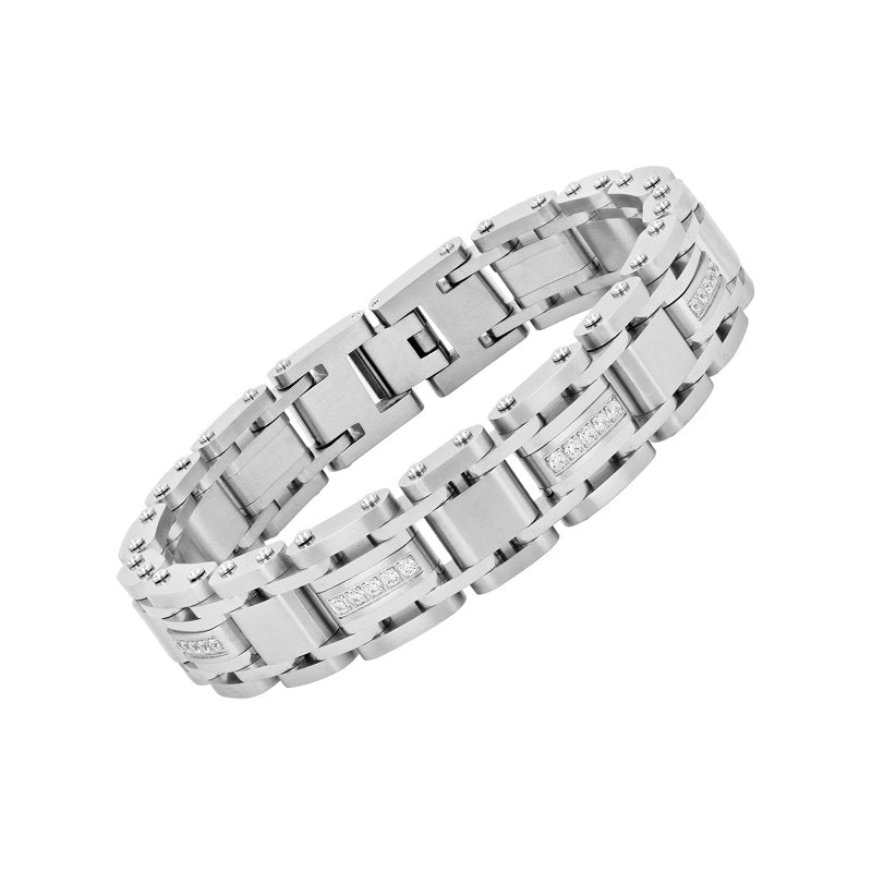 Men's Stainless Steel Cubic Zirconia Link Bracelet - Silver & Two-Tone Options