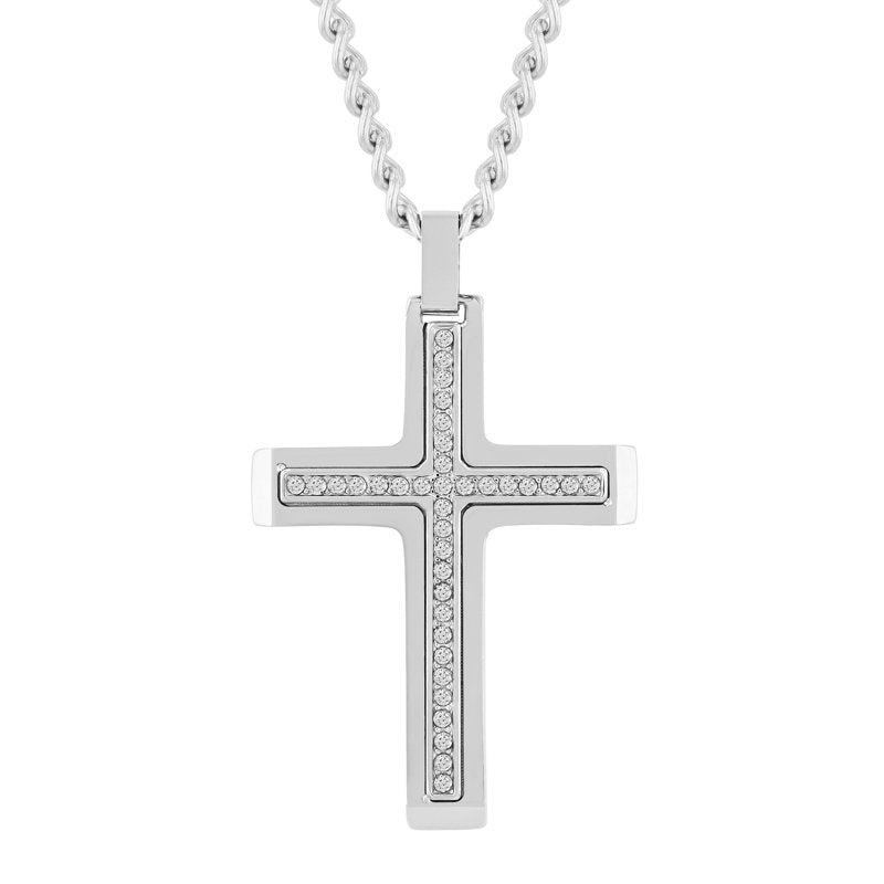Men's Stainless Steel Cross Pendant with Crystals - Gift for Men