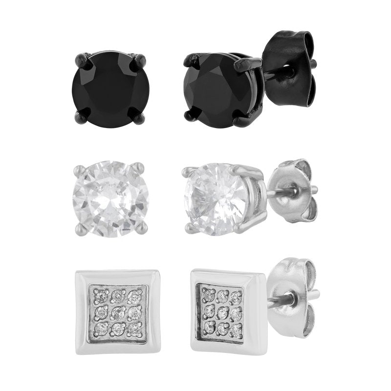 Men's Stainless Steel Set of 3 Black and White Finish Stud Earrings