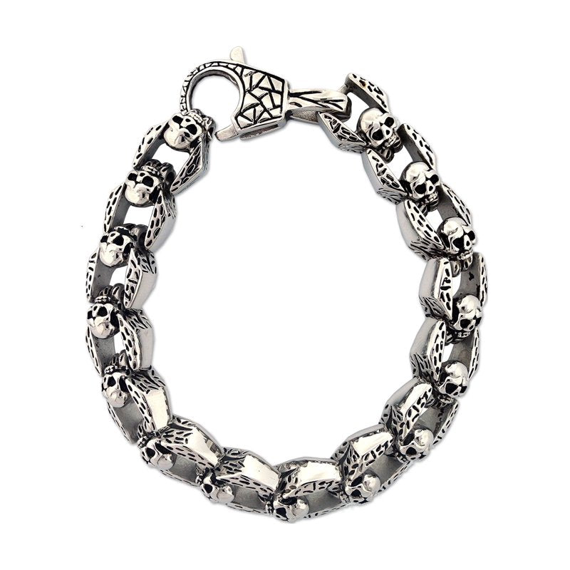 Men's Stainless Steel Skull Chain Bracelet - Oxidized Textured Link Jewelry