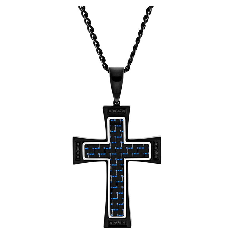 Men's Two-Tone Black Stainless Steel Cross Pendant with Carbon Fiber & Cubic Zirconia