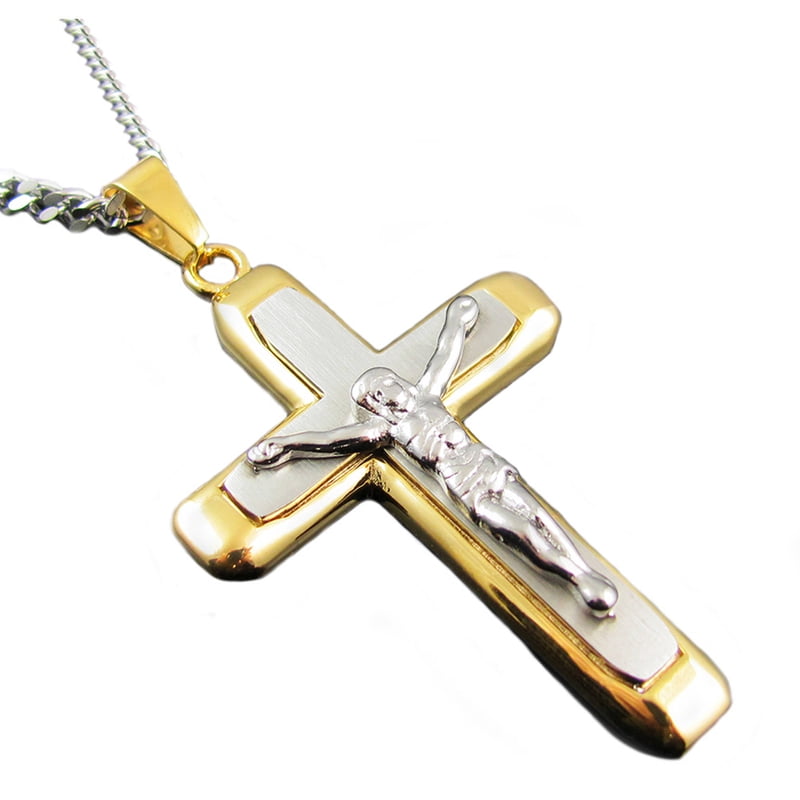 Men's Two-Tone Gold Stainless Steel Crucifix Cross Pendant with 24-Inch Chain