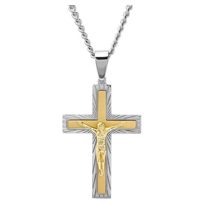 Men’s Two-Tone Stainless Steel Crucifix Pendant with 24-Inch Chain