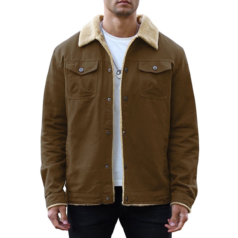 Men's Winter Trucker Jacket - Thick Thermal Fleece Lined Coat with Flap Pockets, Brown, 2XL