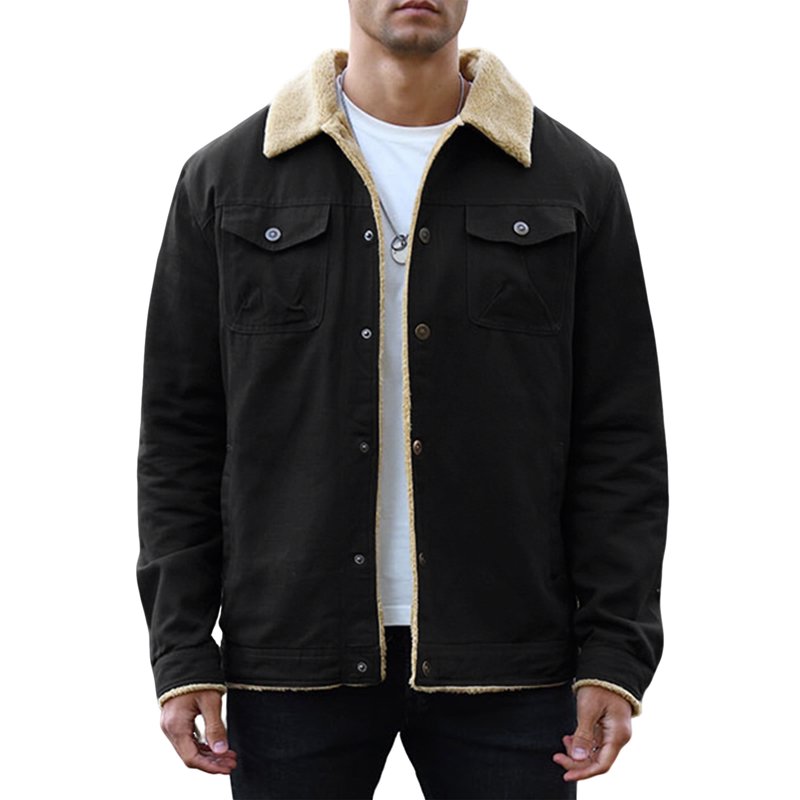 Men's Winter Trucker Jacket Thick Thermal Cotton Warm Fleece Lined Coat with Flap Pockets - Black XL