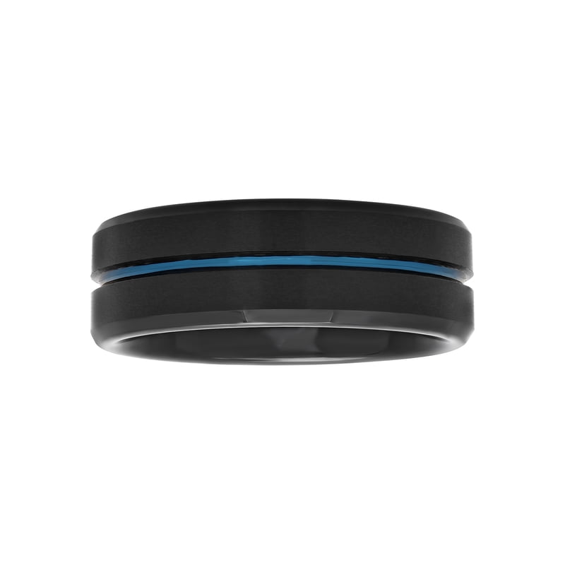 Men's Tungsten Wedding Band 8mm Grooved Comfort Fit Black & Blue Ring