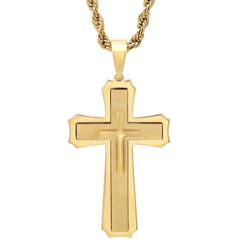 Mens Gold-Tone Stainless Steel Cross Pendant Necklace with Chain