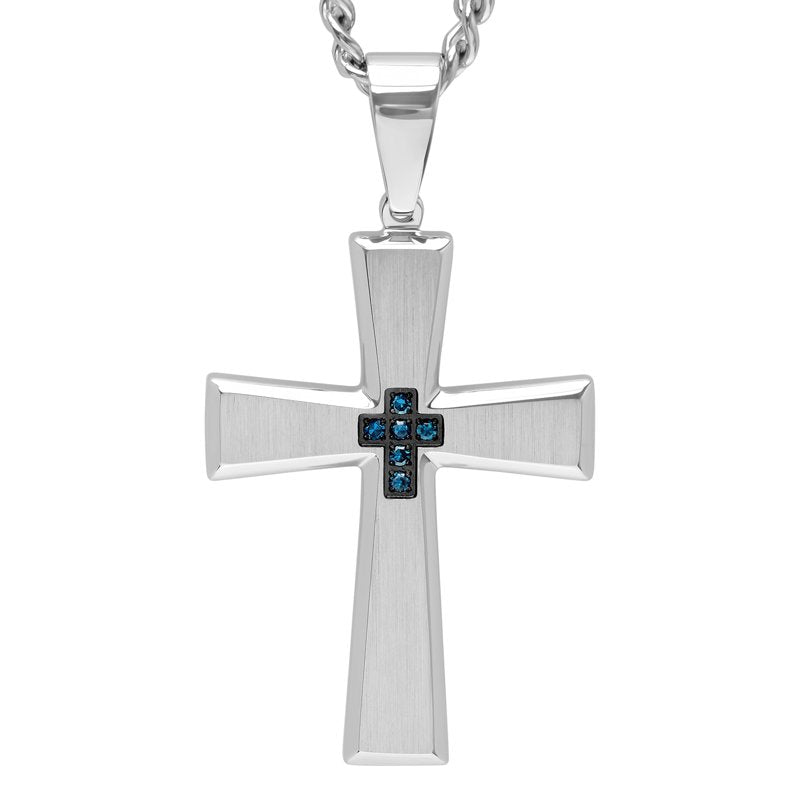 Mens Stainless Steel Cross Necklace with Blue Diamond Accents and Chain