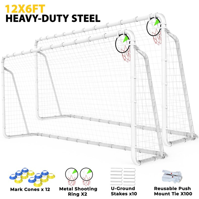 12' x 6' Set of 2 Heavy-Duty Metal Soccer Goals with Cones & Stakes - Backyard Practice