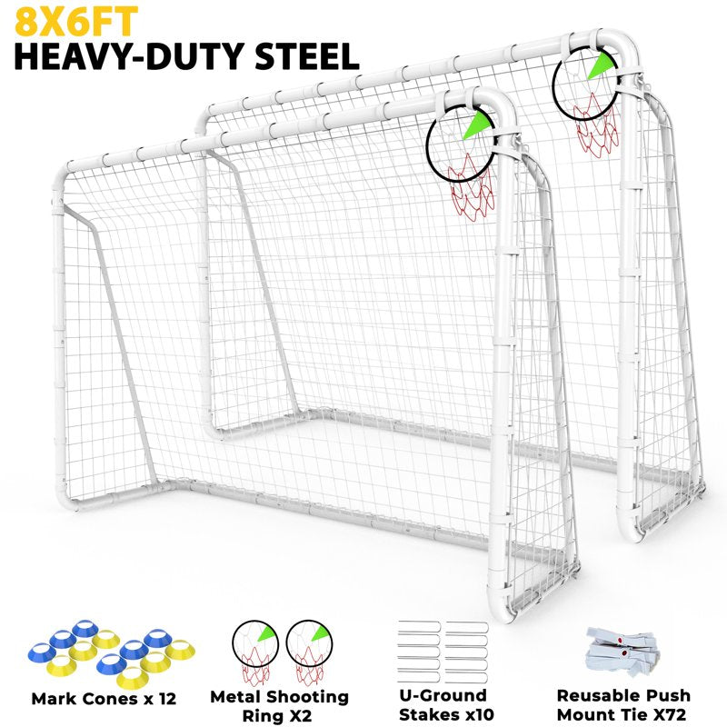 8' x 6' Set of 2 Heavy-Duty Soccer Goals with Steel Frame, Shooting Ring, Cones & Stakes (Mersco) - Backyard Outdoor Soccer Equipment