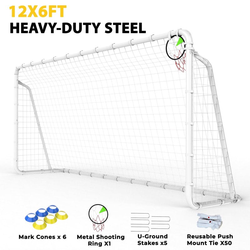 12' x 6' Mersco Heavy-Duty Backyard Soccer Goal with Net, Training Set (Includes 5 Stakes & 6 Cones)