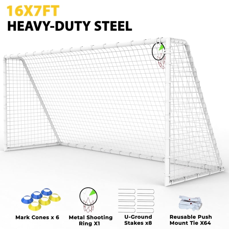 Mersco 16' x 7' Heavy-Duty Soccer Goal Set with Shooting Ring, Stakes & Cones