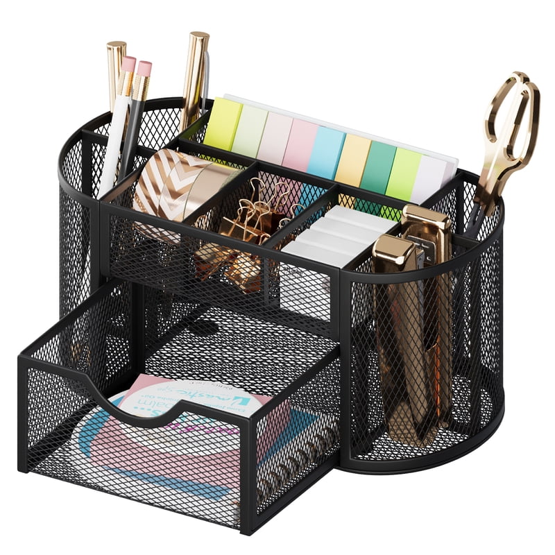 Desk Organizer with Drawers and Pen Holder - Mesh Office Storage, Black