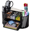Mesh Desk Organizer with Drawer - 8 Compartments, Black Office Storage