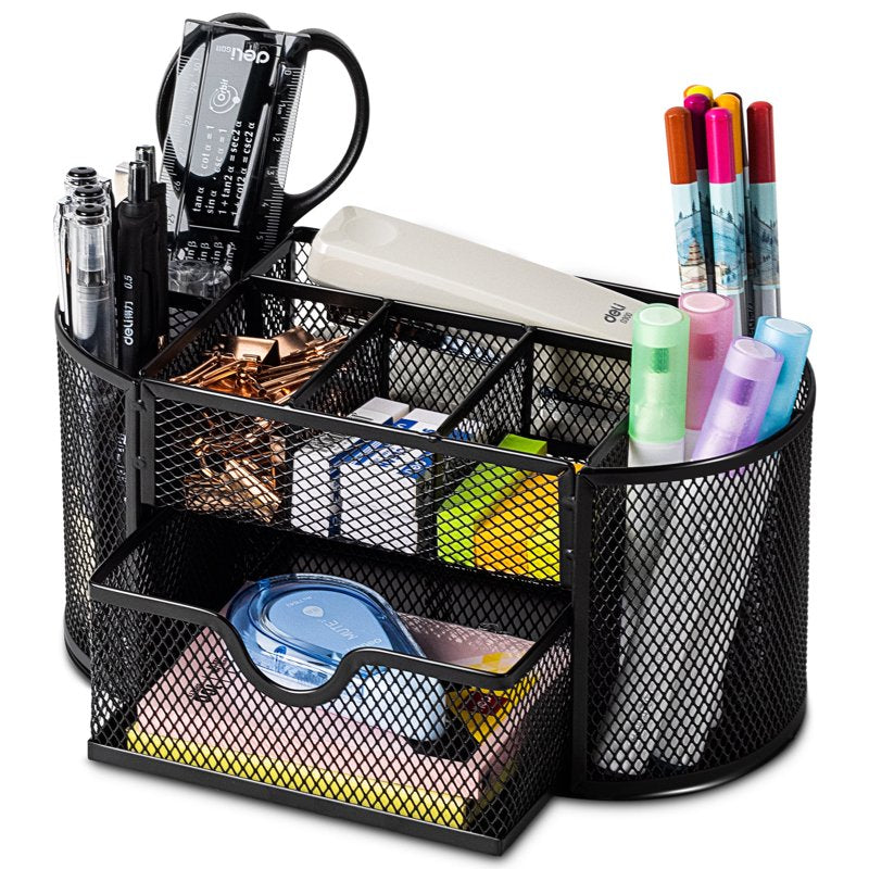 Mesh Desk Organizer with Drawer - 8 Compartments, Black Office Storage