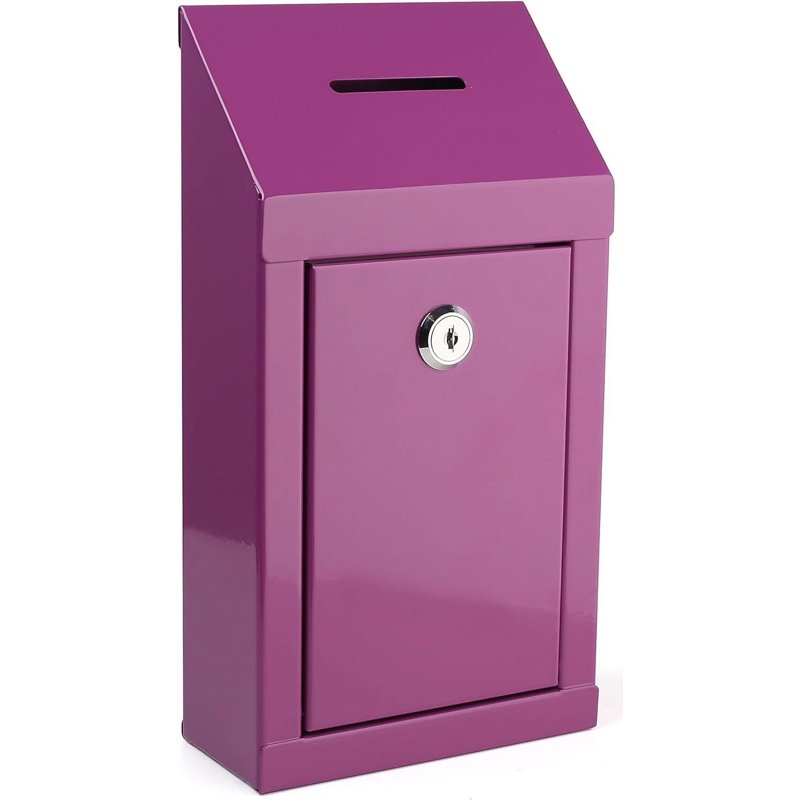 Secure Metal Donation Box with Lock and Keys 10x6x2.5 Inches Wall Mount Purple
