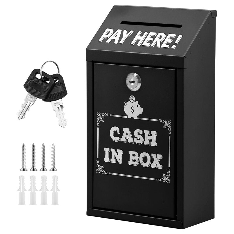 Metal Donation Box with Key Lock Wall Mount Cash Drop Safe Outdoor Indoor