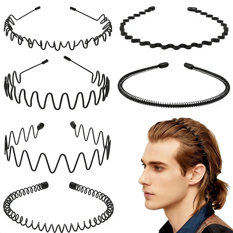 Metal Wavy Headbands for Women & Men - Adjustable, Non-Slip Hair Bands, 6-Pack