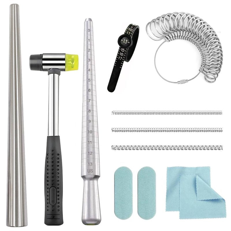 Metal Ring Sizer Measuring Tool Kit with Mandrel and Mallet - 12 Pieces