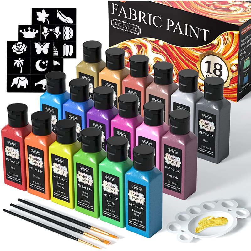 Metallic Fabric Paint Set with Stencils & Brushes - 18 Colors for DIY Textiles