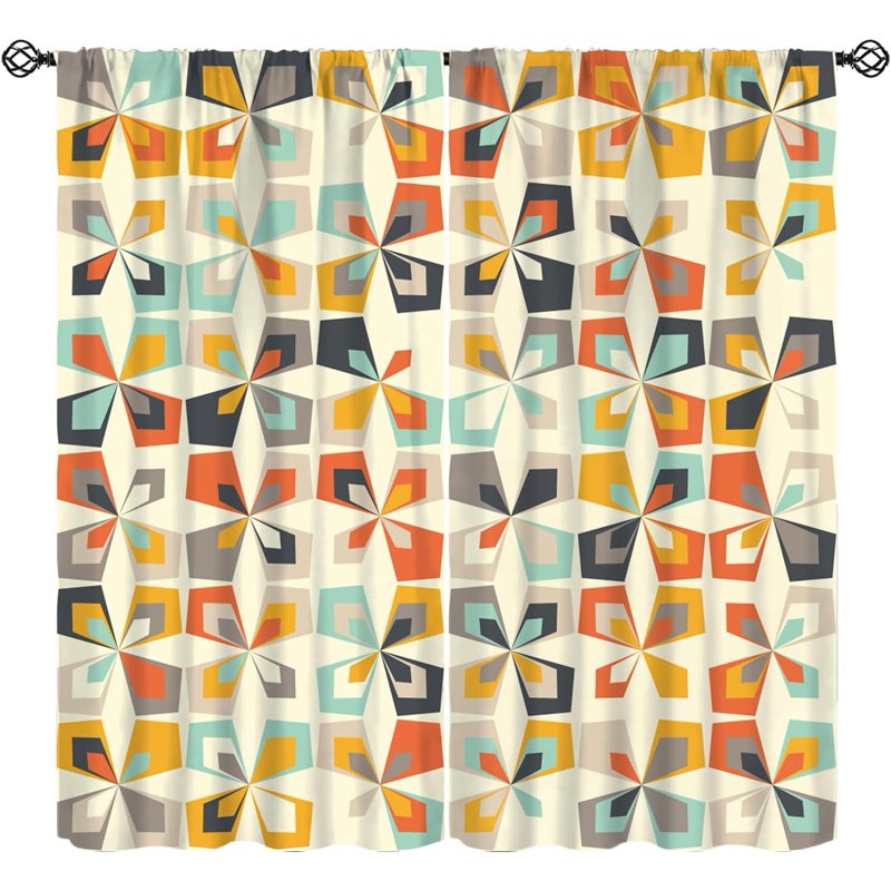 Mid Century Geometric Retro Rustic Style Thermal Insulated Curtain Set - 2 Panels