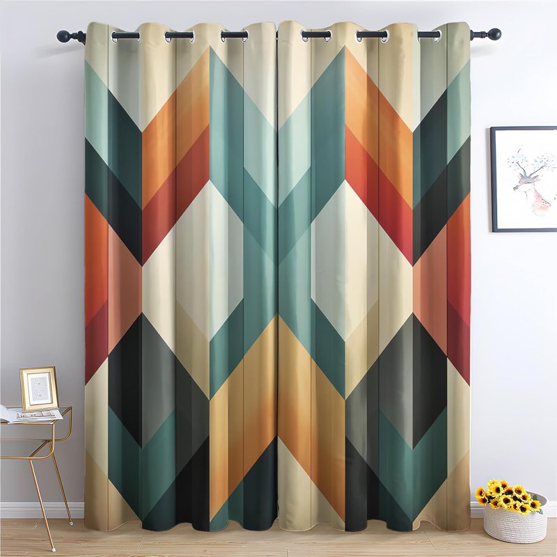 Mid Century Geometric Blackout Curtains for Living Room & Bedroom - 2 Panels, Grommet Top