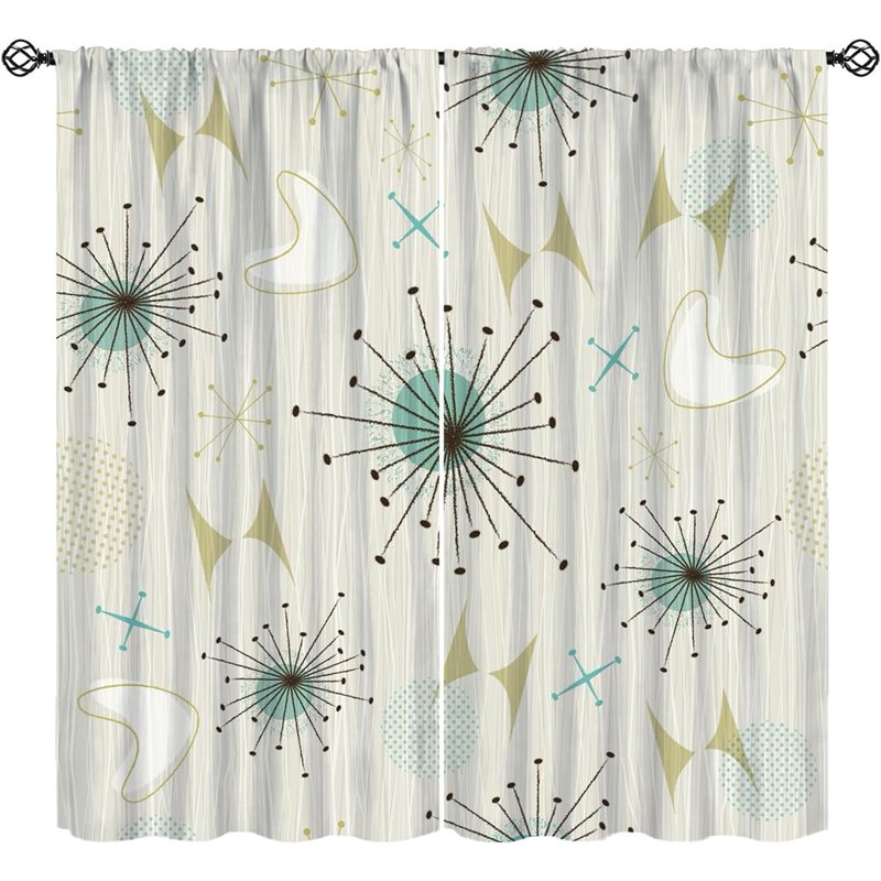 Mid Century Retro Curtains Set - Atomic Pattern Window Treatments for Bedroom & Living Room
