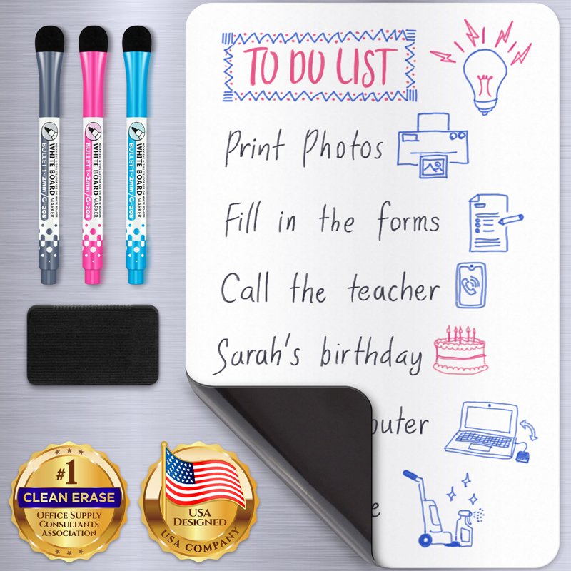 Magnetic Whiteboard for Fridge 12x8 Inches with Markers & Eraser