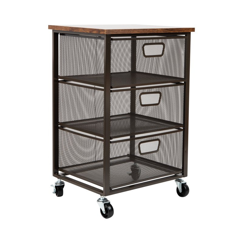 3-Drawer Metal Rolling Storage Cart with Wood Top - Office Organizer, Mobile Cabinet