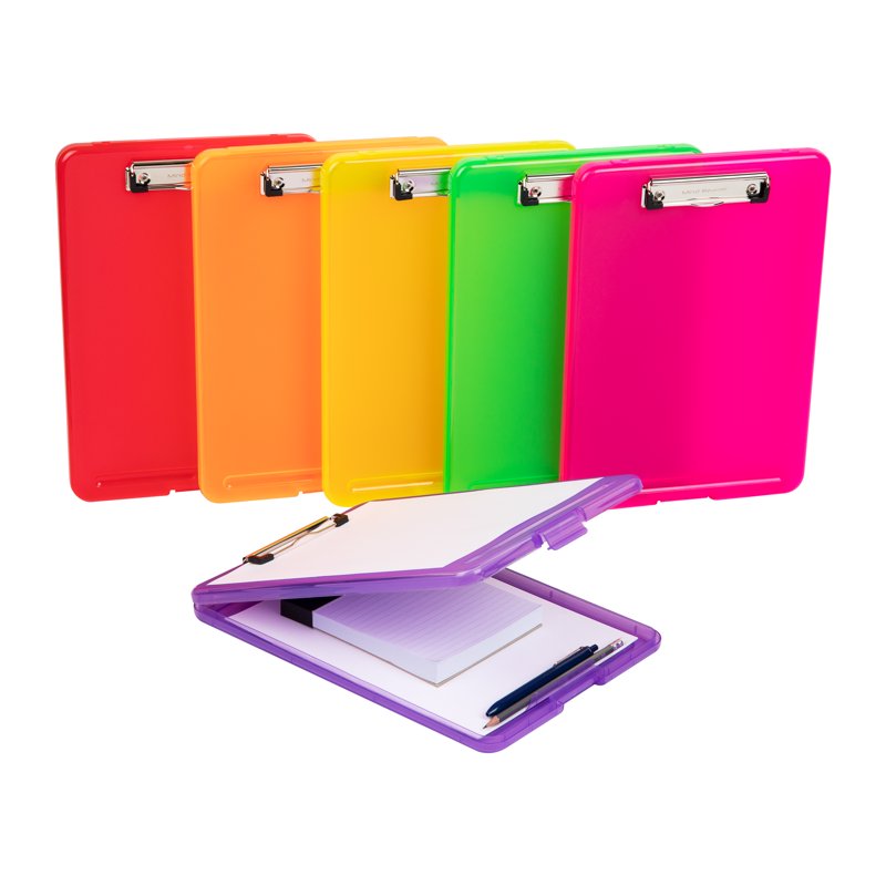 Set of 6 Colorful Plastic Clipboards with Storage for Office & School