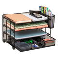 Mesh Desk Organizer with 3 Trays, Drawer & Pen Holders, Black Office Storage