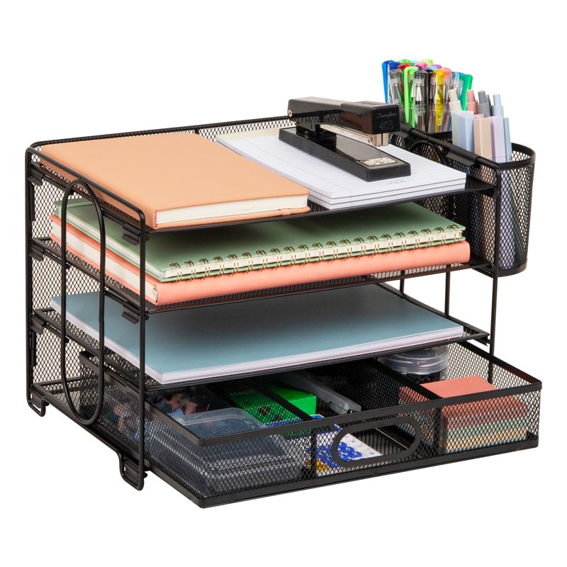 Mesh Desk Organizer with 3 Trays, Drawer & Pen Holders, Black Office Storage