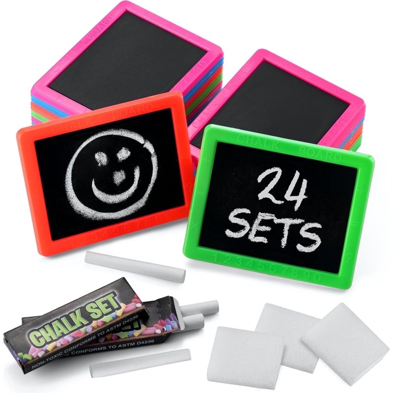 Mini Chalkboard Sets for Kids - Pack of 24 with Chalk & Eraser - Party & Learning Supplies