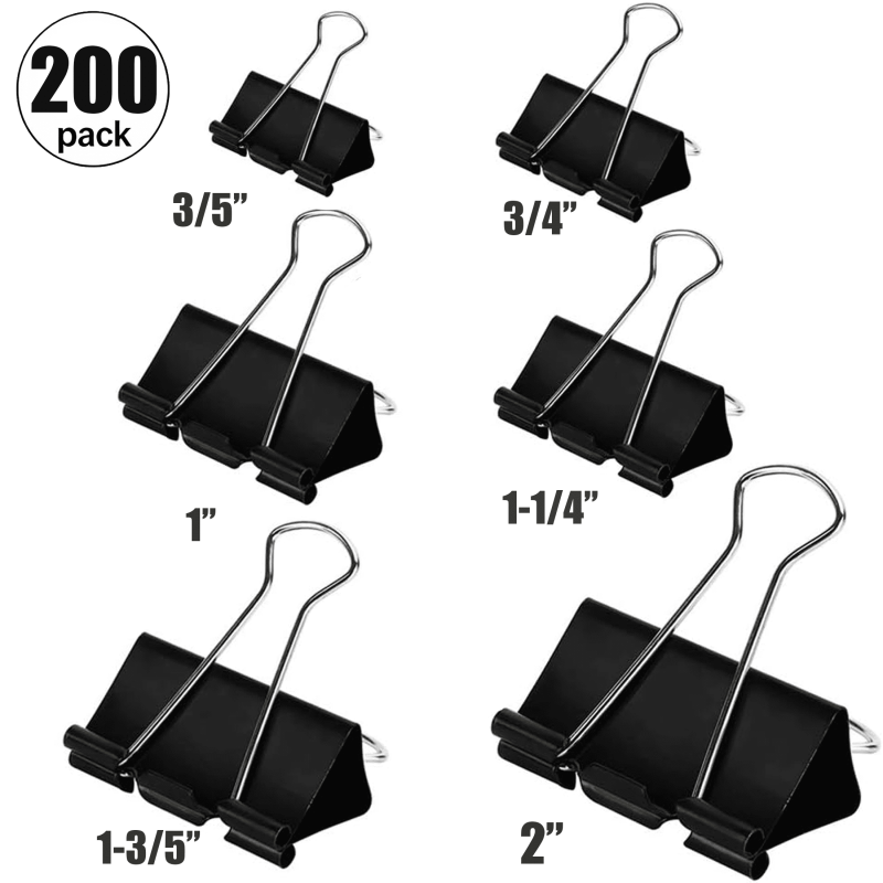 Heavy Duty Binder Clips Set 200 Pieces in 6 Sizes for Office & Home Organization