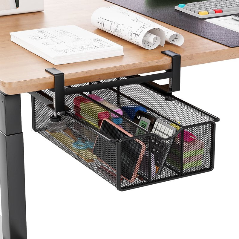 Under Desk Drawer Organizer Clamp-On Mesh Metal Storage Caddy Black
