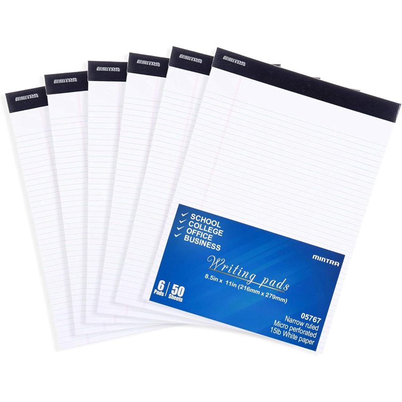 Narrow Ruled Standard Writing Pads - 8.5 x 11 Inches, White, 50 Sheets, 6 Pack