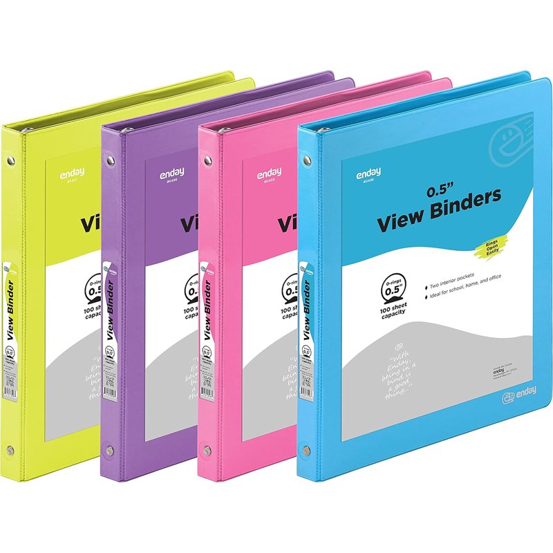 3-Ring View Binder 1/2 Inch Pack of 4 Assorted Colors Durable & Eco-Friendly