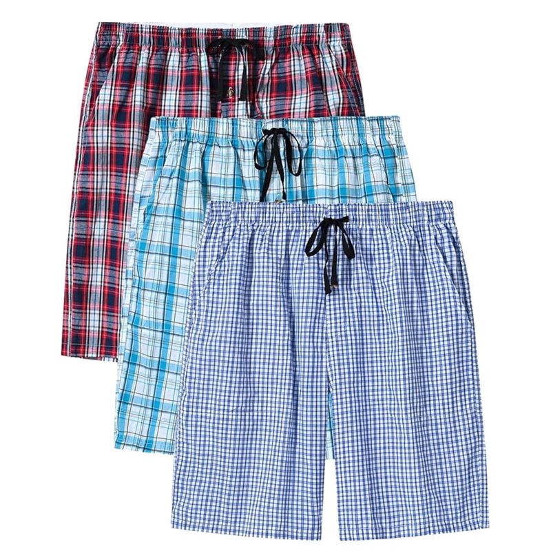 Men's 3-Pack Woven Cotton Pajama Shorts - Lounge Sleepwear, Plaid