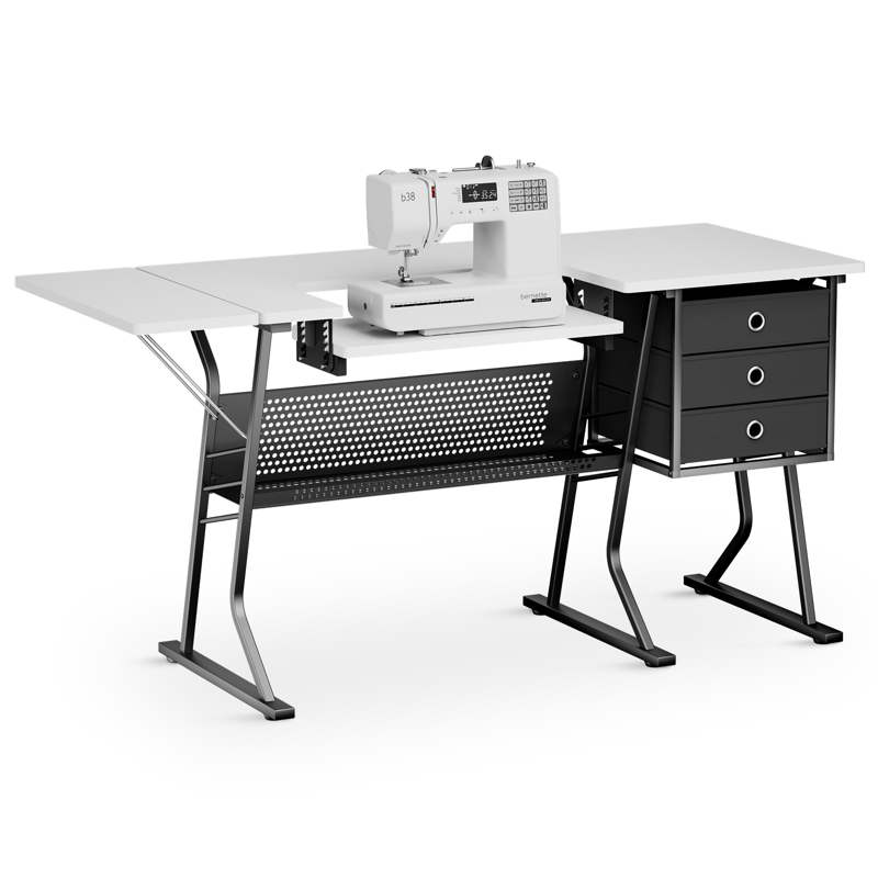 Sewing Machine Table with Fold-Down Top & Storage Shelves - White, Adjustable Height