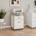 Modern White & Gold Rolling 2-Drawer File Cabinet with Locking Wheels & USB Charging Ports