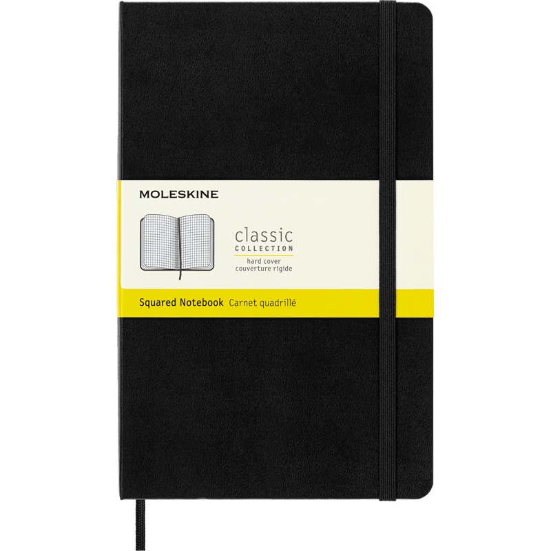 Large Hard Cover Notebook with Elastic Closure - Squared 5x8.25 Inch Black