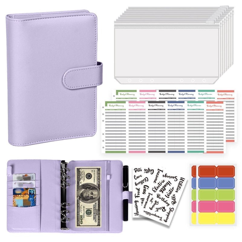 Money Saving Binder with Zipper Cash Envelopes and Budget Planner - Purple, Blue, Black, Pink