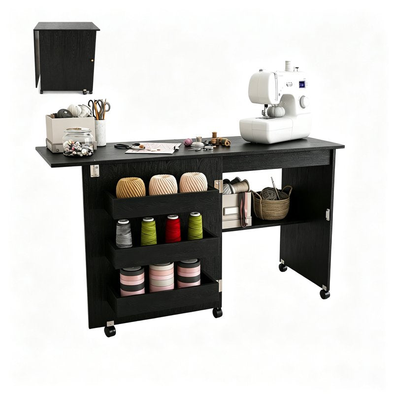 Multi-Functional Folding Sewing Table with Lockable Wheels and Storage Cabinets