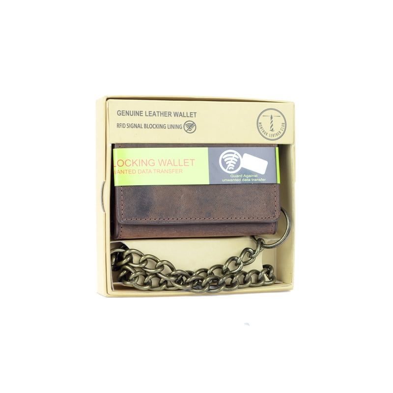 Men's RFID Blocking Leather Wallet with Chain - Tri-Fold Design, Brown Distressed Leather