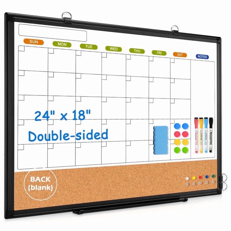 Magnetic Whiteboard Calendar & Cork Board Combo - 24x18, 36x24 Inches, Double-Sided Wall Mount
