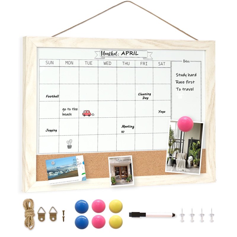 Monthly Whiteboard Calendar & Corkboard Wall Organizer 16x12 Magnetic Dry Erase