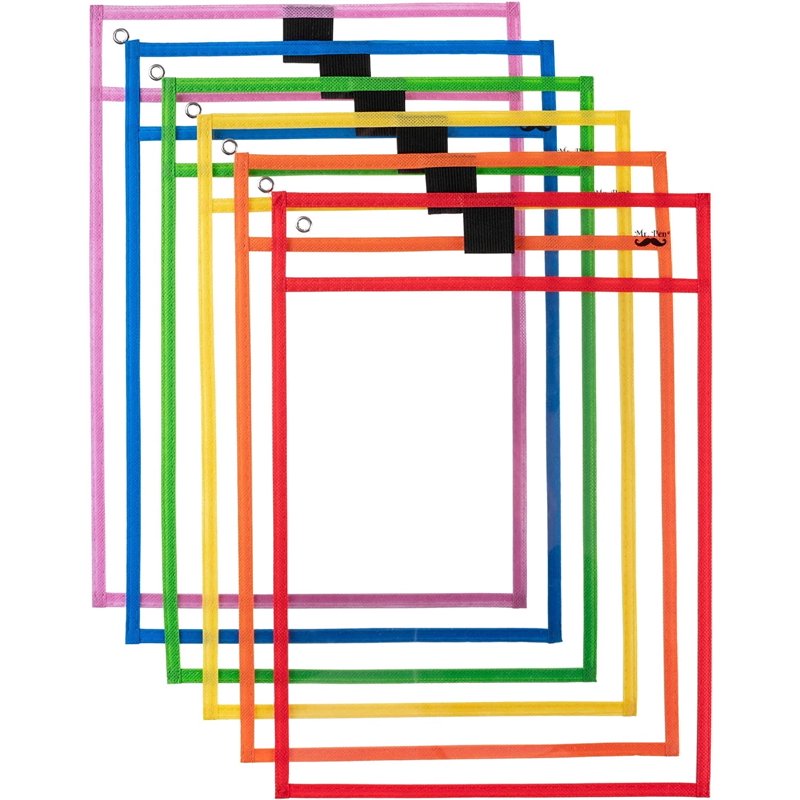 Dry Erase Pocket Sleeves Set of 6 - A4 10x14 Inch Colorful Plastic Sheets