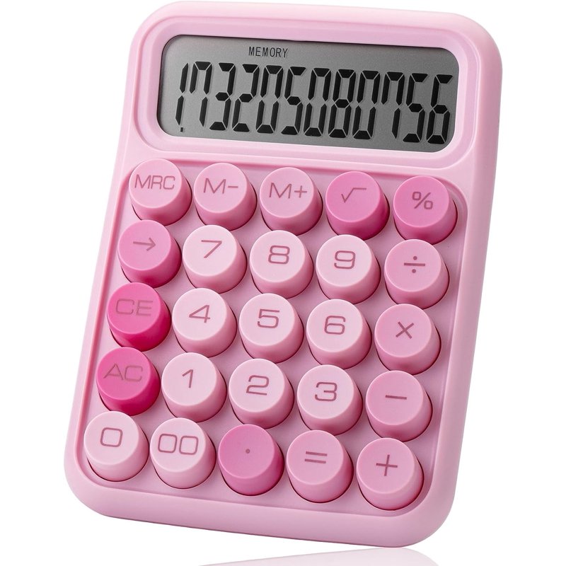 Pink 12-Digit Mechanical Calculator with Large LCD Display and Big Buttons