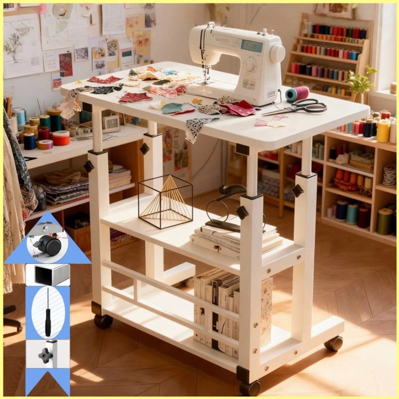 Adjustable Height Craft Table with Storage and Silent Wheels for Sewing & Knitting